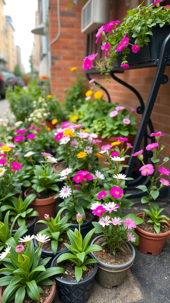 A collection of colorful flowers in pots arranged in a small urban garden setting.