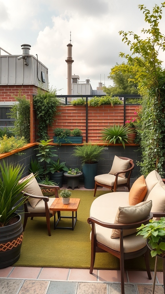 Cozy seating area in a roof garden with plants and a small table