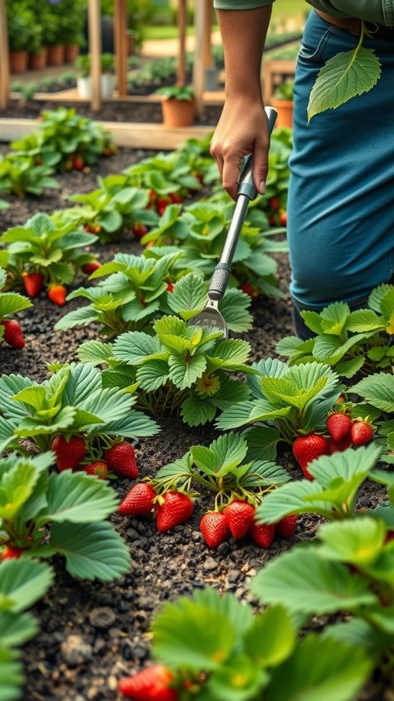 A gardener using a tool to tend to strawberry plants in a garden