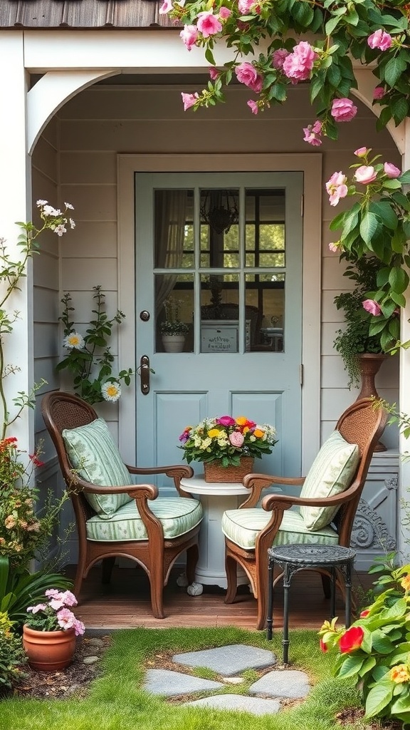 Cozy seating area in a cottage garden with two chairs and a small table surrounded by flowers.