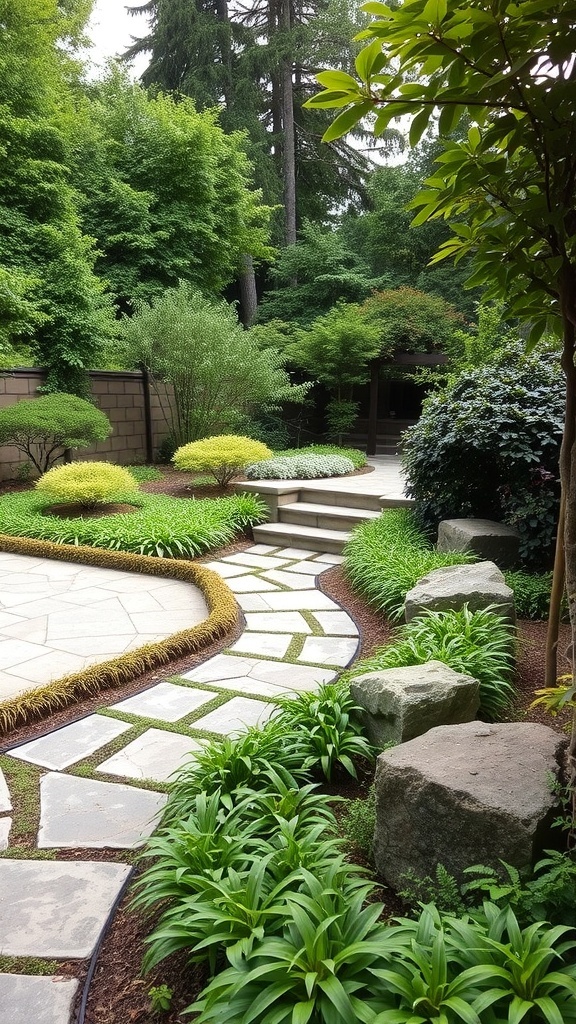 A garden path made of stone, surrounded by lush greenery and decorative rocks.