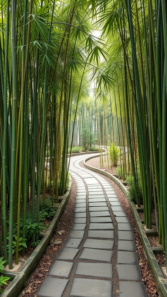 A winding stone pathway through a lush bamboo garden