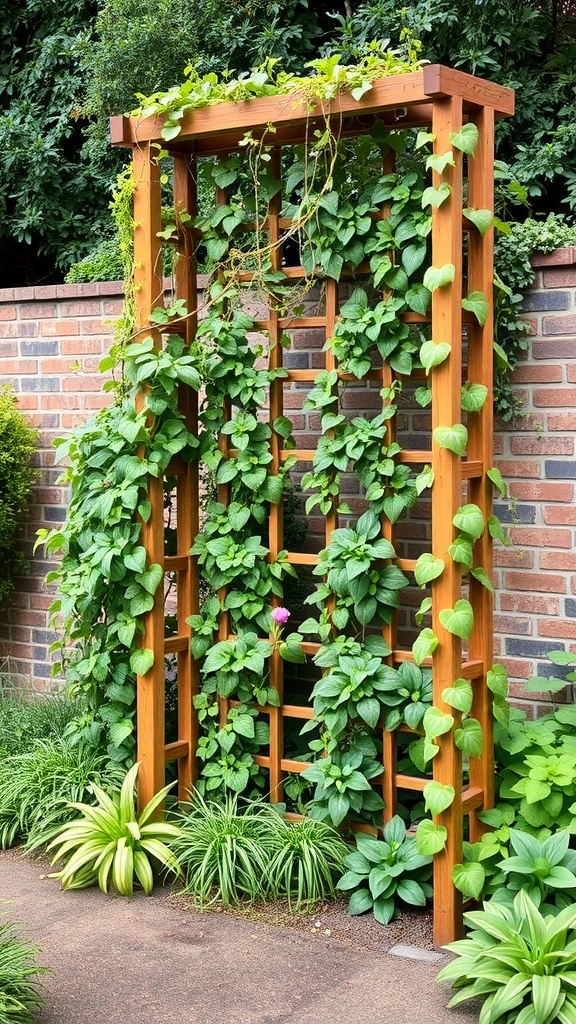 Wooden trellis covered in climbing plants with green leaves