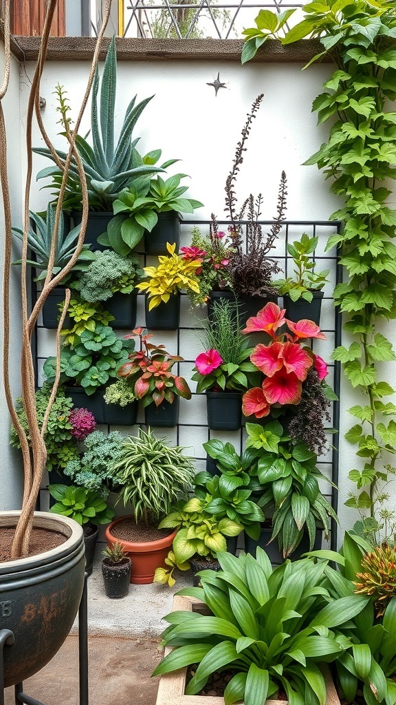 A vibrant vertical garden with various plants and flowers arranged in wall-mounted pots.