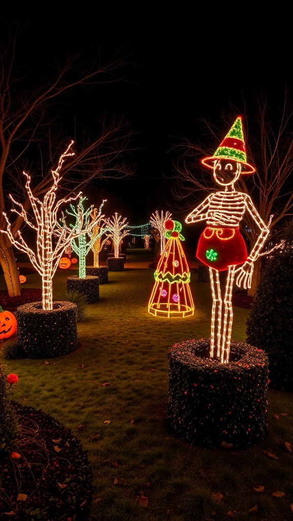 Colorful seasonal garden lighting with festive decorations