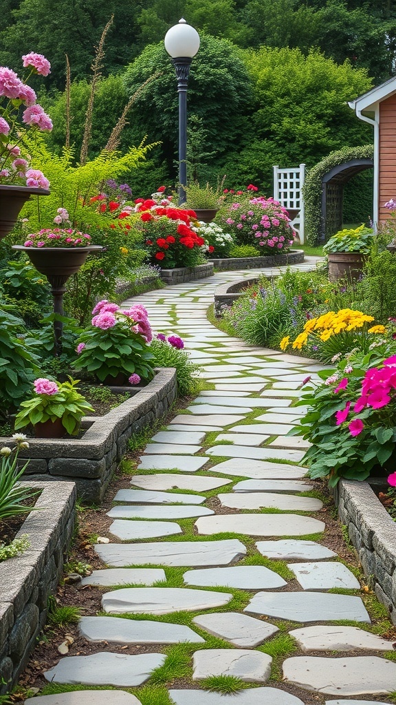 A winding stone pathway surrounded by colorful flowers and greenery in a garden.