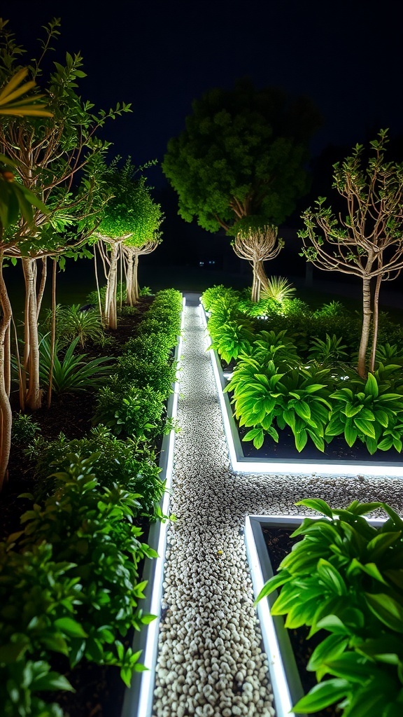 A garden pathway illuminated by LED strips, surrounded by lush plants and trees.