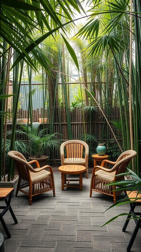 A cozy seating area in a bamboo garden with wooden chairs and a small table surrounded by lush greenery.