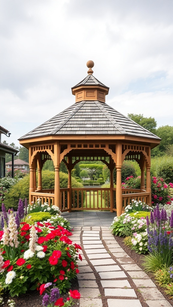 A wooden gazebo surrounded by colorful flowers in a garden.