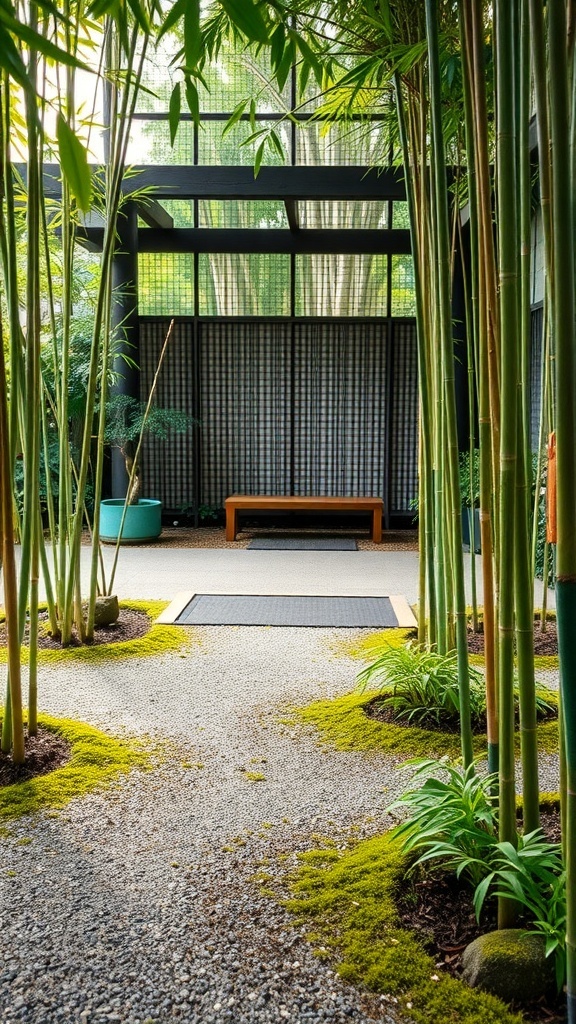 A serene meditation area in a small Japanese garden, featuring tall bamboo, a gravel path, and a wooden bench.