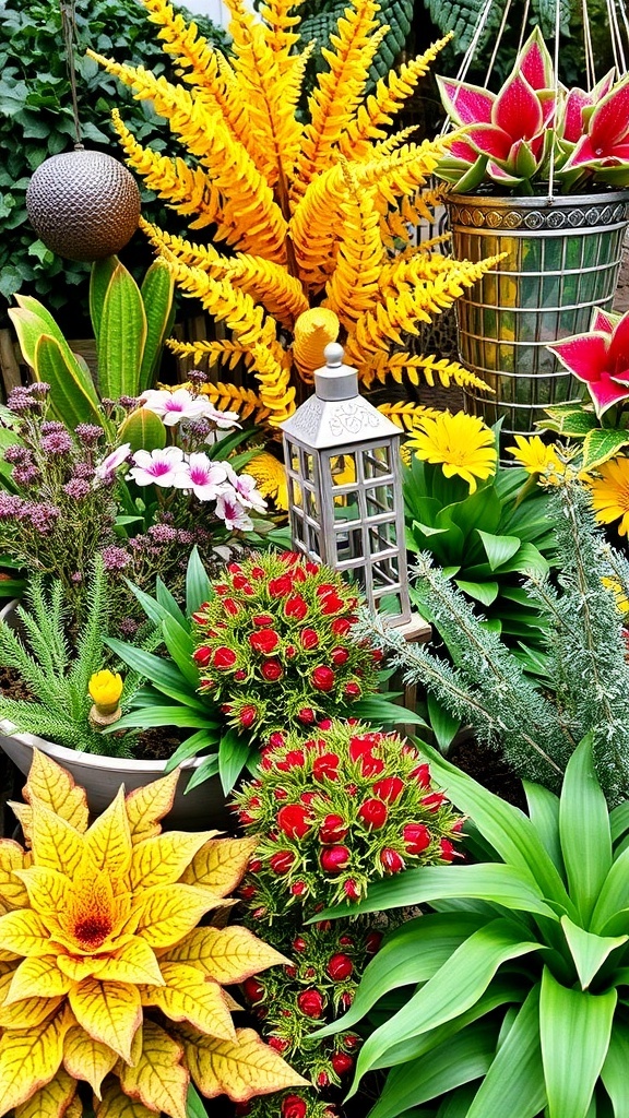 A colorful garden featuring various flowers, a decorative deer statue, and lush greenery.