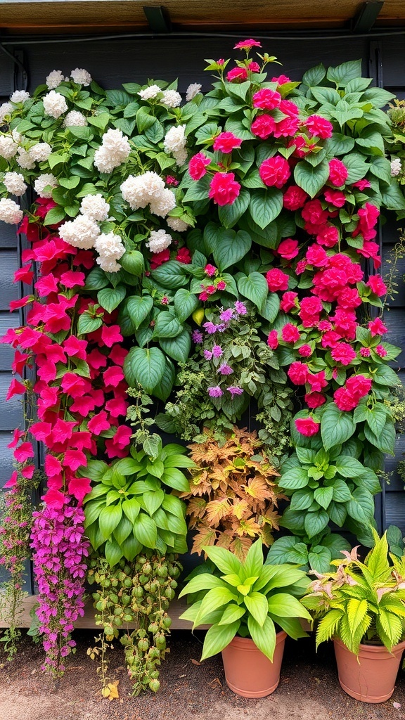 A vertical garden featuring colorful perennials like hydrangeas and impatiens growing on a wall.