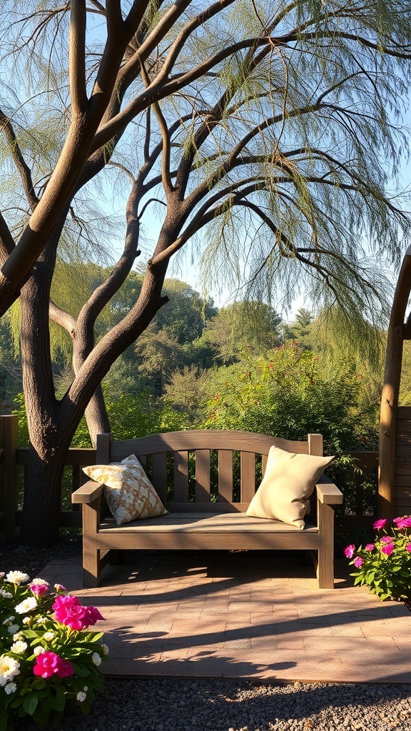 A cozy wooden bench under a tree, surrounded by colorful flowers in a garden.
