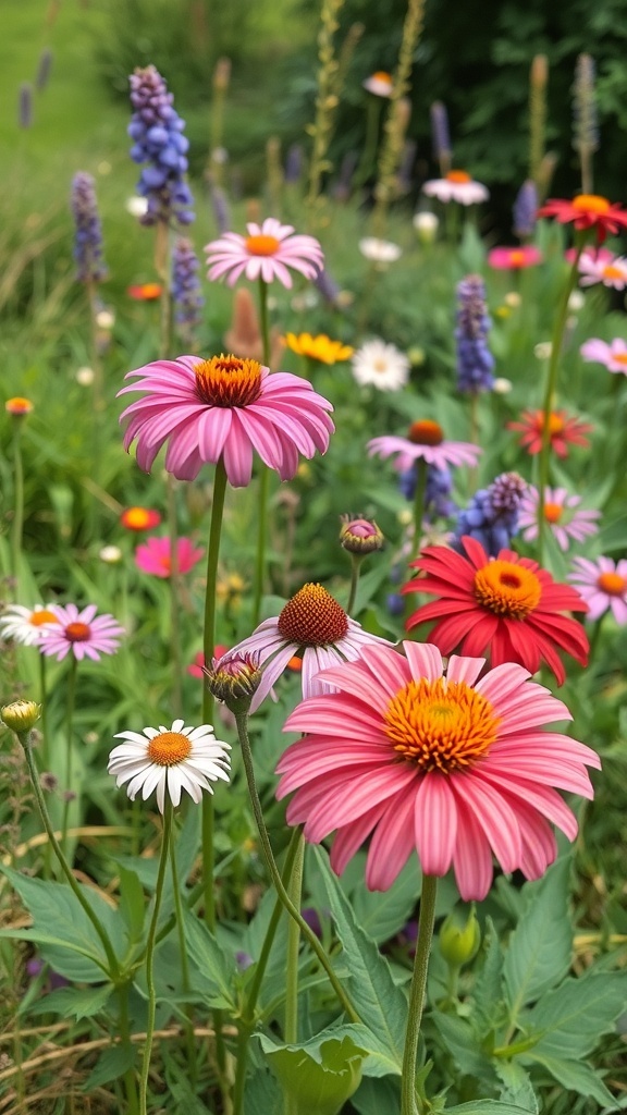 A colorful display of native flowers in a garden, featuring pink, red, and white blooms among green foliage.