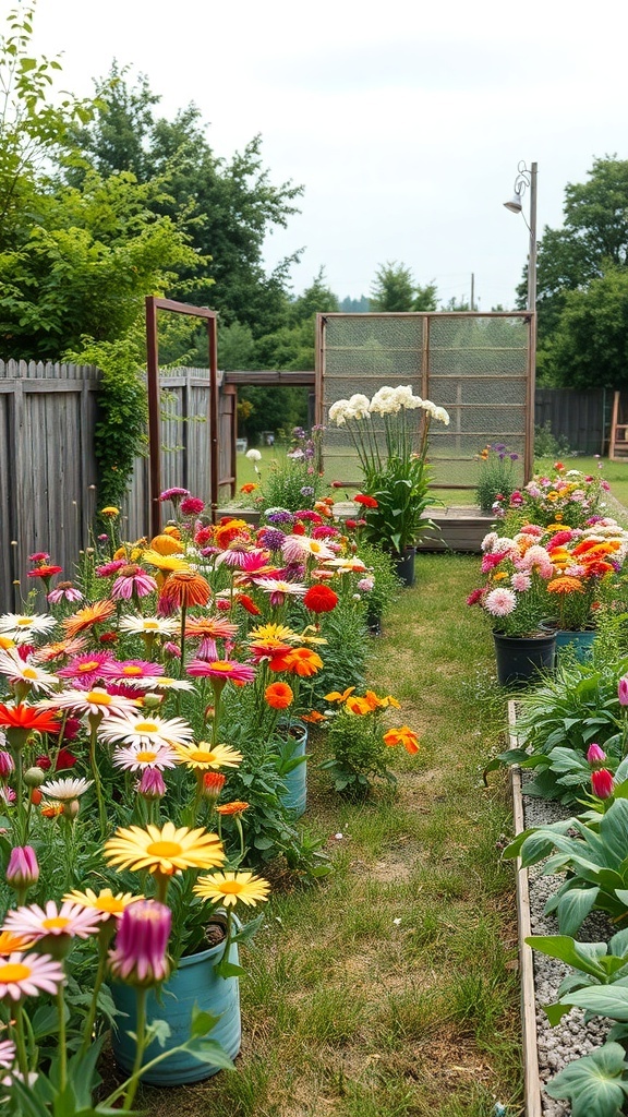 A colorful cutting garden with various flowers in pots along a garden path.