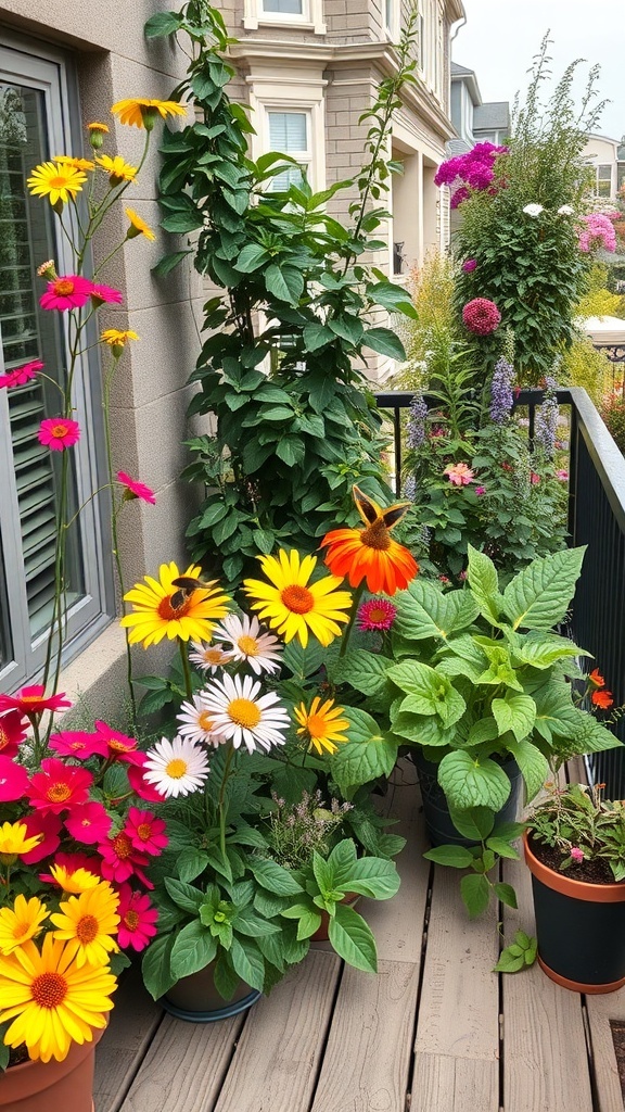 A colorful balcony garden with various flowers and plants, showcasing insect-friendly choices.