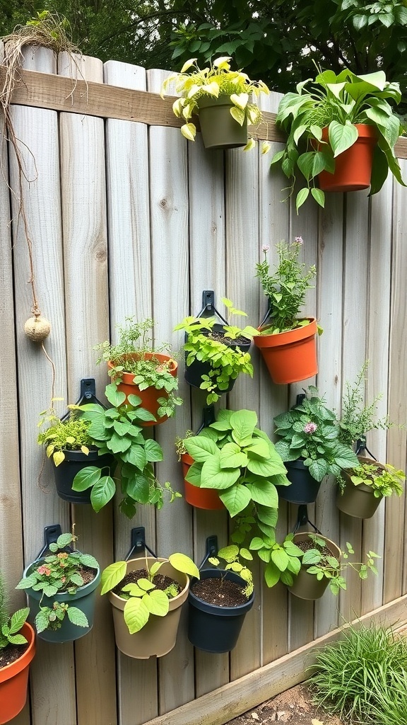 A vertical garden with various plants in pots arranged on a wooden fence.