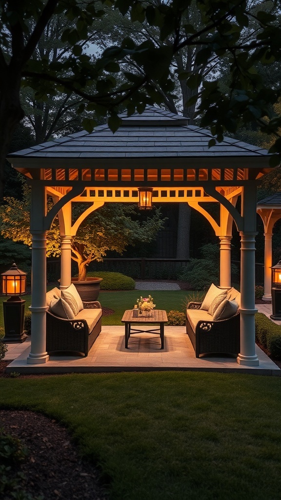 A cozy gazebo with comfortable seating and warm lighting in a garden setting.