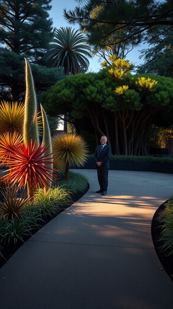 A well-lit garden pathway featuring various plants and trees, with a person standing nearby.