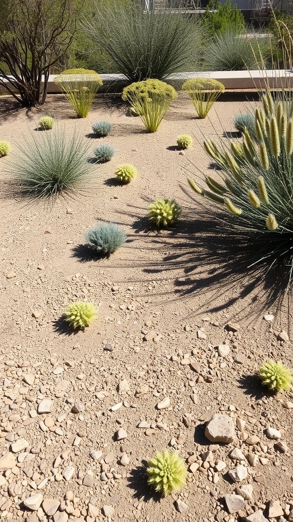 A dry garden featuring various native plants in a sandy landscape.