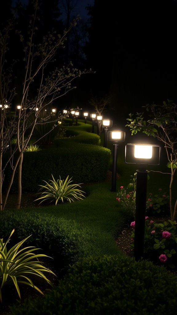 A garden pathway illuminated by low voltage lighting, showcasing lush greenery and colorful flowers.