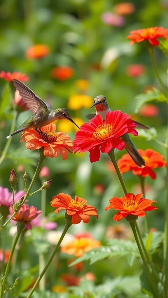 Two hummingbirds feeding on bright red flowers in a garden