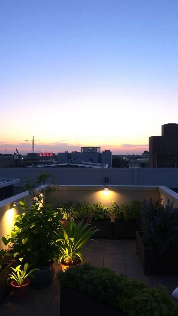 A rooftop garden at sunset with soft lighting illuminating the plants.