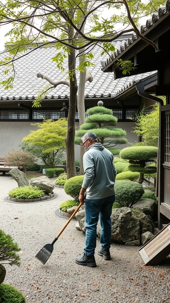 A person maintaining a Zen garden, raking gravel and tending to plants.