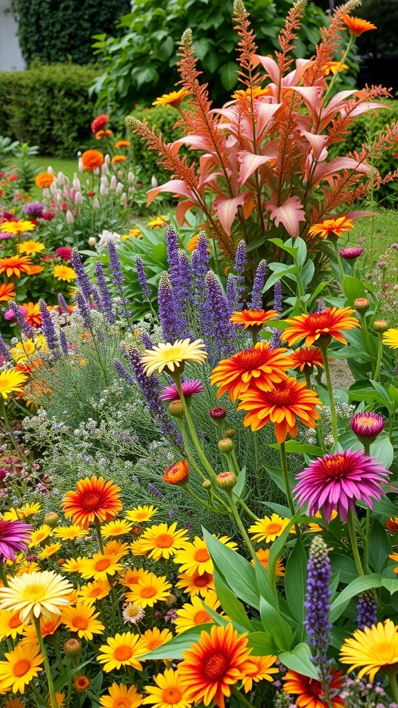 A colorful perennial garden featuring vibrant flowers in yellow, orange, purple, and pink.