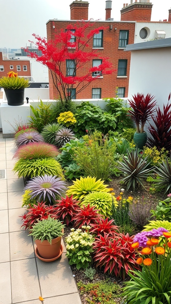 A colorful roof garden featuring various plants and a red tree, showcasing seasonal beauty.