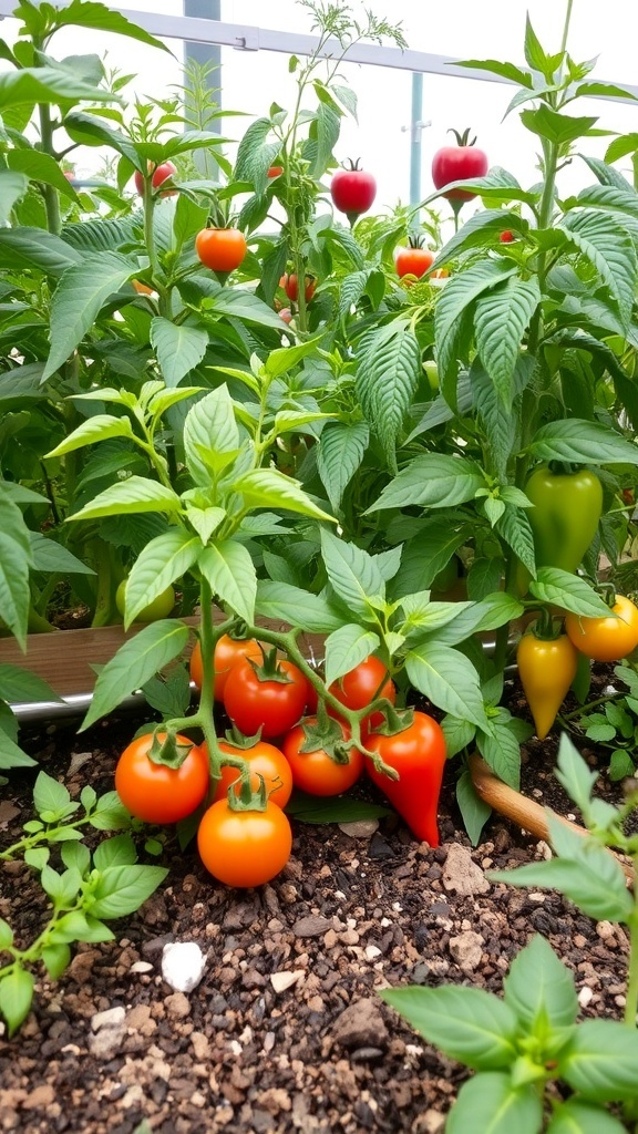 A vibrant garden with ripe tomatoes and green leaves, showcasing the beauty of growing edible plants.