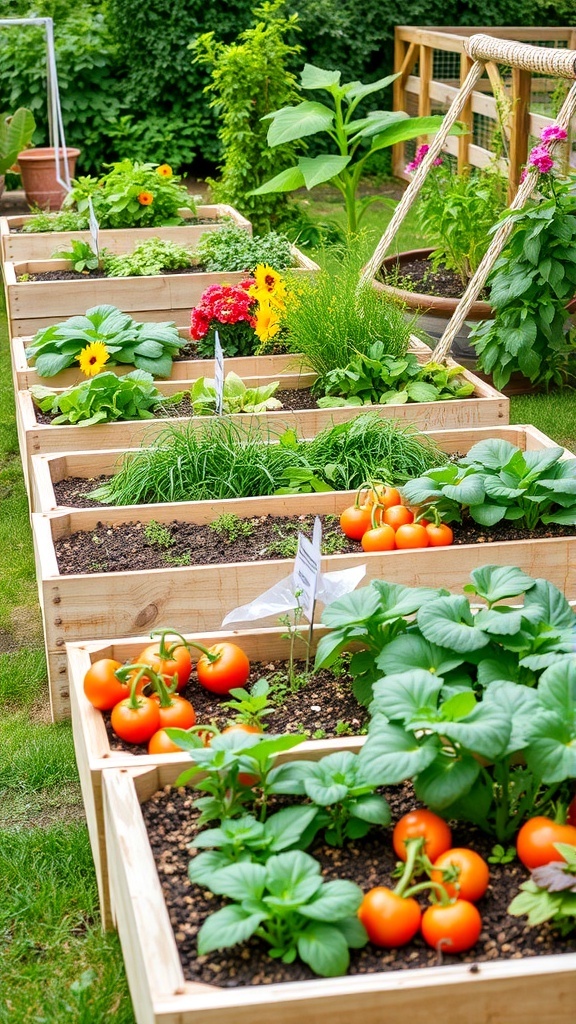A series of raised garden beds filled with various vegetables and flowers, showcasing a vibrant garden.