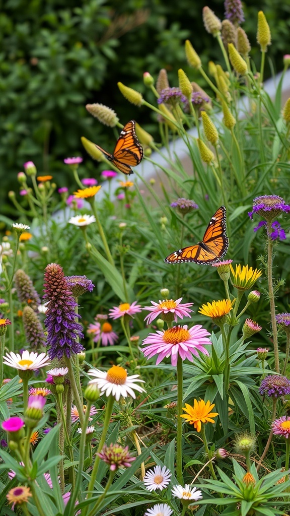 A colorful garden with various flowers and two butterflies fluttering among them.