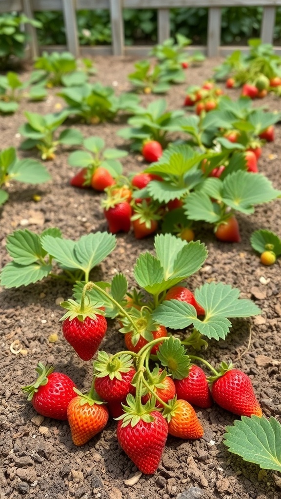A close-up view of ripe strawberries growing in a garden with green leaves.