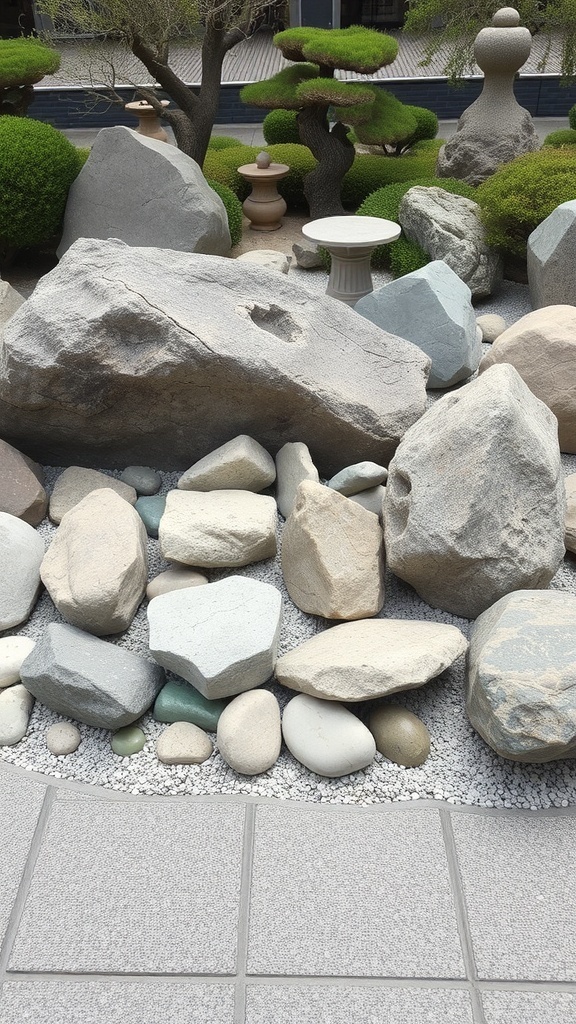 A variety of stones in a zen garden, including large boulders and small pebbles, surrounded by greenery.