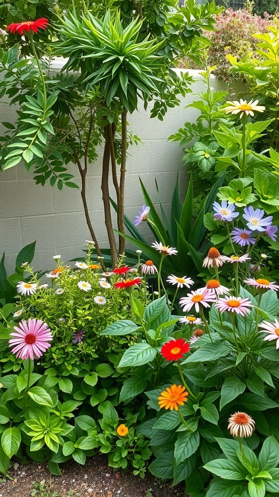 A vibrant garden with various flowers in shades of pink, red, and orange, surrounded by lush green foliage.