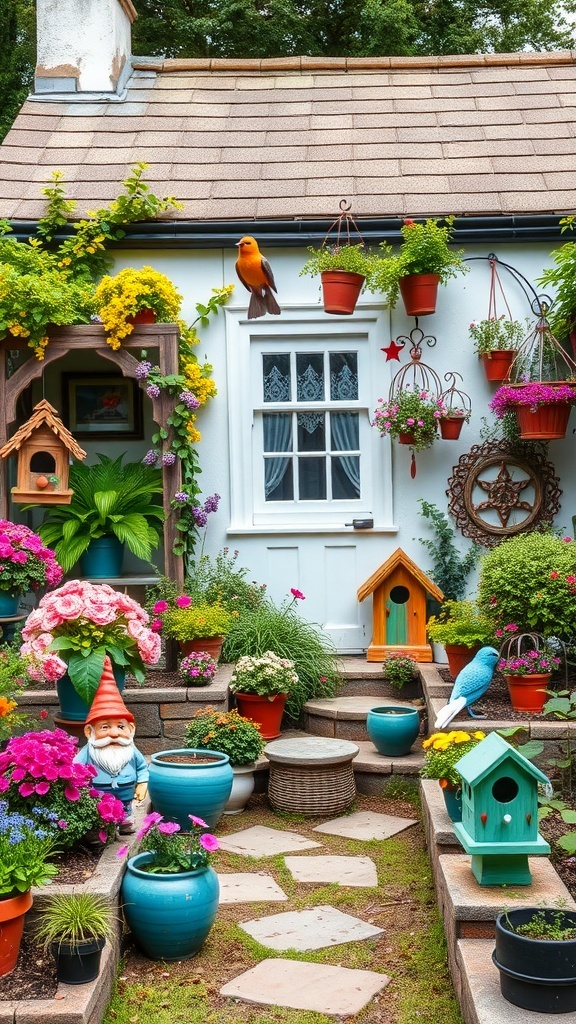 A colorful cottage garden with flowers, birdhouses, and whimsical decor.