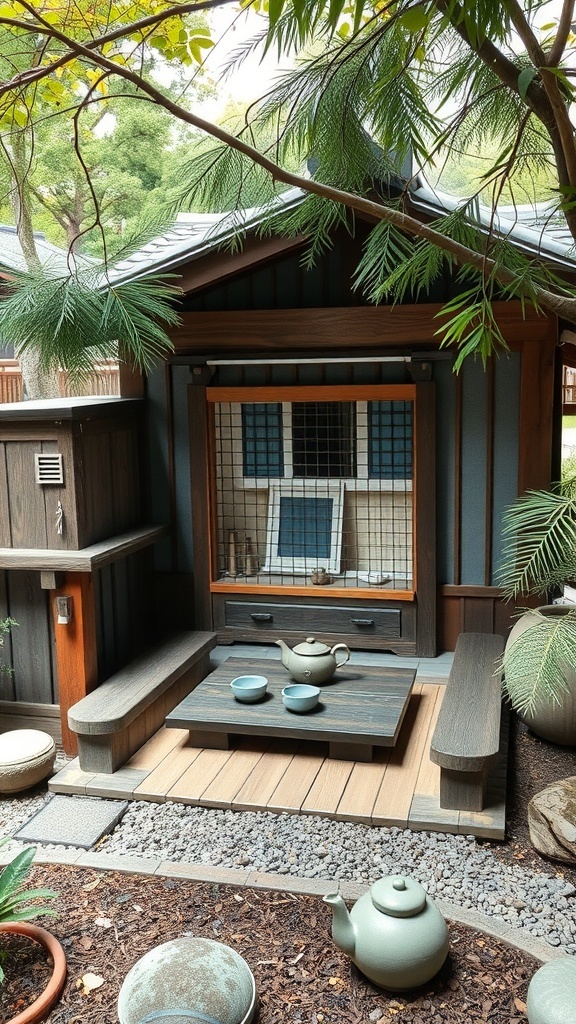 A small Japanese tea ceremony nook with a wooden structure, low table, and tea set surrounded by greenery.