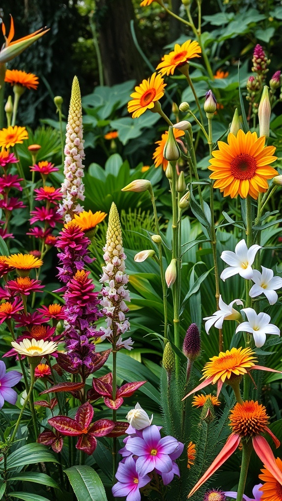 A colorful display of unique flowers in a garden, featuring bright orange, yellow, and purple blooms among lush green foliage.