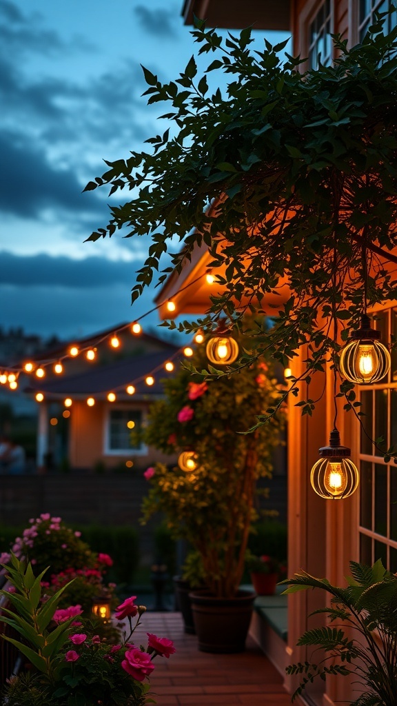 A beautifully lit apartment balcony garden with string lights and lanterns, showcasing vibrant flowers.