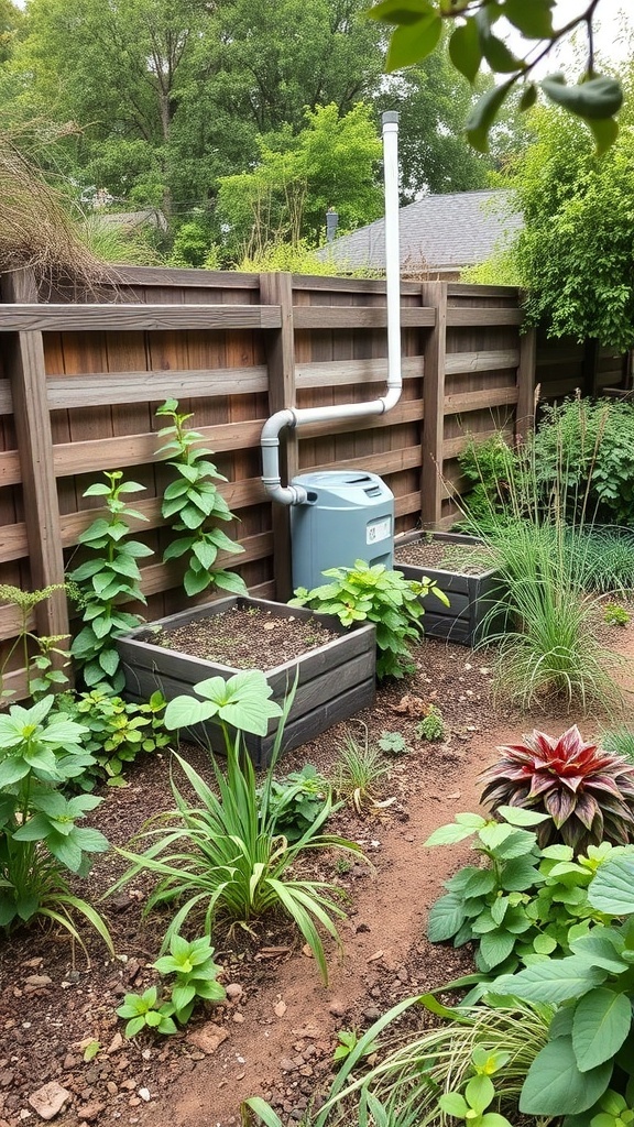 A back garden with raised beds and a rainwater collection system surrounded by various plants.