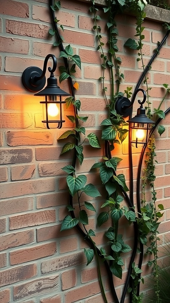 Two wall sconces mounted on a brick wall, surrounded by green vines, providing warm light.