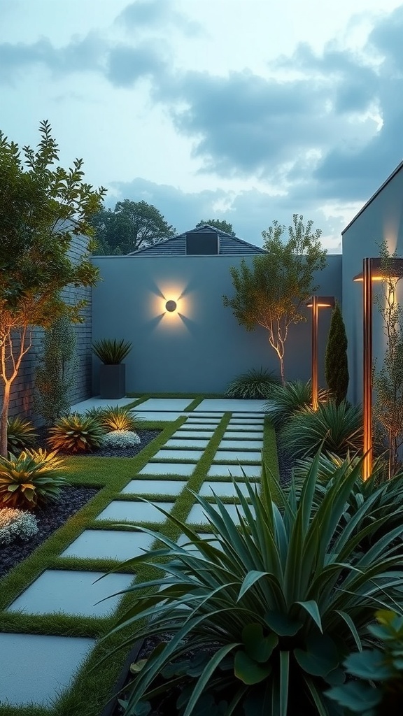 A modern garden with well-lit pathways and contemporary lighting fixtures.