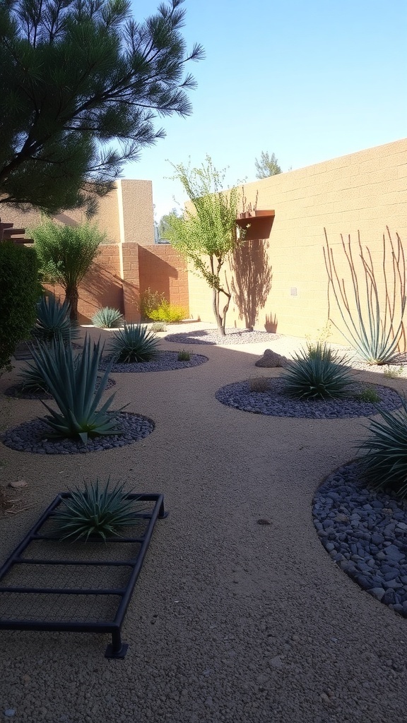 A dry garden with various plants, gravel paths, and a warm color palette.