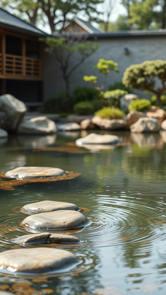 A serene pond with smooth stones leading across it, surrounded by greenery.