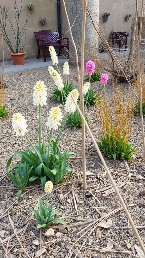 A dry garden featuring white and pink flowers among gravel and dried foliage.