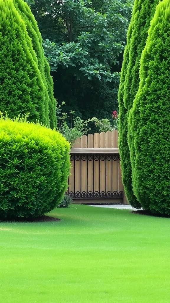 A green garden with tall hedges and a wooden fence, creating a private space.