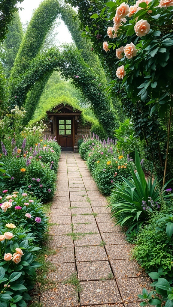 A beautiful garden pathway lined with colorful flowers and greenery, leading to a wooden door.