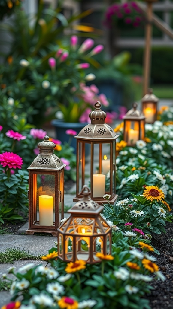 A garden scene featuring vintage lanterns surrounded by colorful flowers.