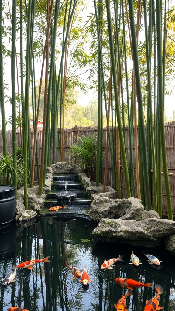 A bamboo garden featuring a pond with koi fish and a small waterfall.